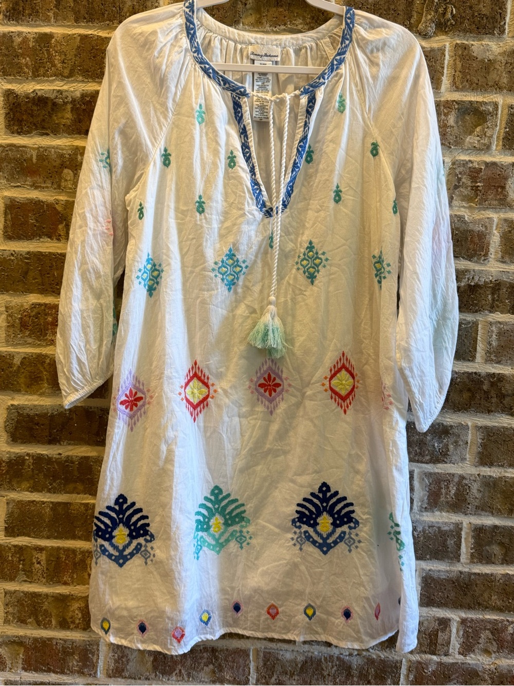 Tommy Bahama White Embroidered Cotton Tunic Dress Cover Up Tassel Boho Resort Si